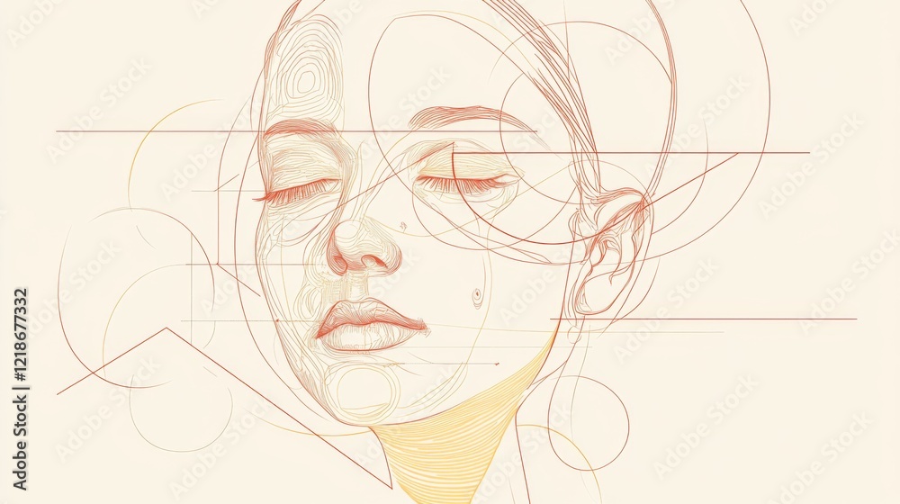 Abstract line art portrait of a serene woman with eyes closed, surrounded by geometric shapes and lines. Abstract line art portrait of a serene woman with eyes closed, surrounded by geometric shapes and lines.