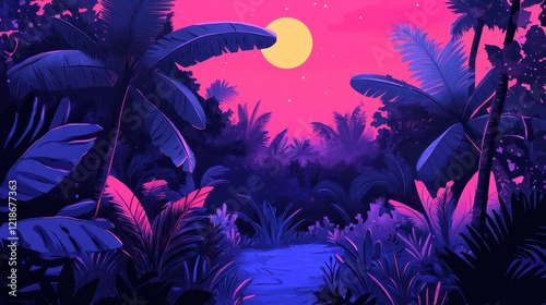 Wallpaper Mural Tropical Night Scene Lush Foliage Under Pink Moon Torontodigital.ca