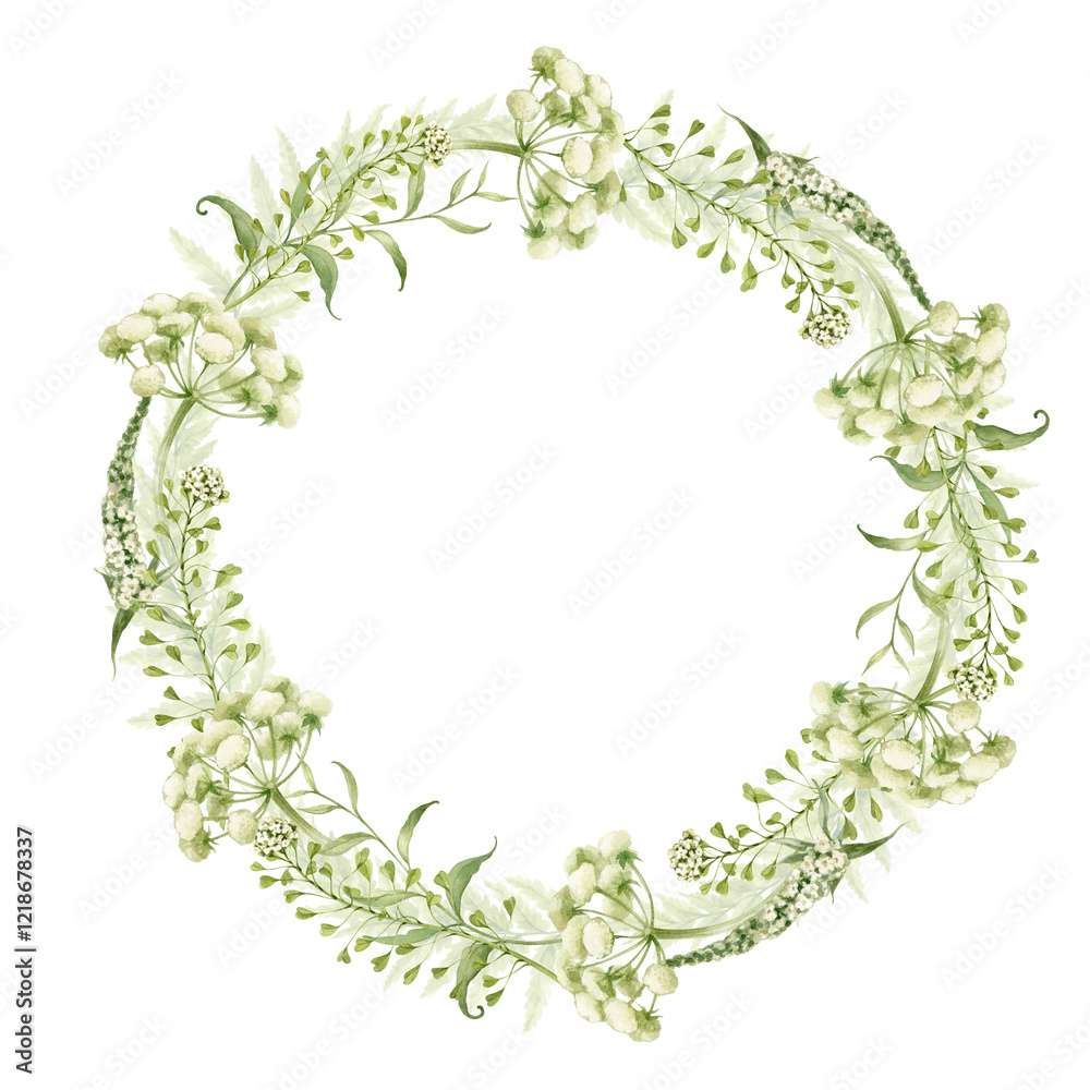 Wreath of field herbs and flowers. Fragrant, medicinal, wild herbs woven into a wreath. All elements are hand-drawn in watercolor and isolated from the background.