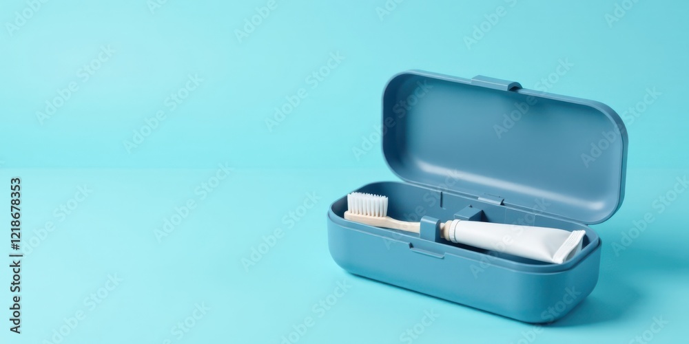 A simple travel toothbrush case with a natural bristle brush and a tube of toothpaste rests on a light blue background. A simple travel toothbrush case with a natural bristle brush and a tube of toothpaste rests on a light blue background.