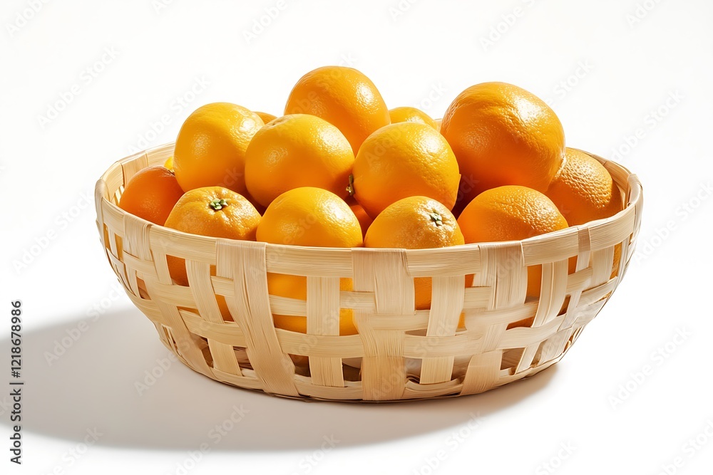 Sun-Kissed Oranges in Woven Bamboo Bowl, Bright Studio Shot Sun-Kissed Oranges in Woven Bamboo Bowl, Bright Studio Shot