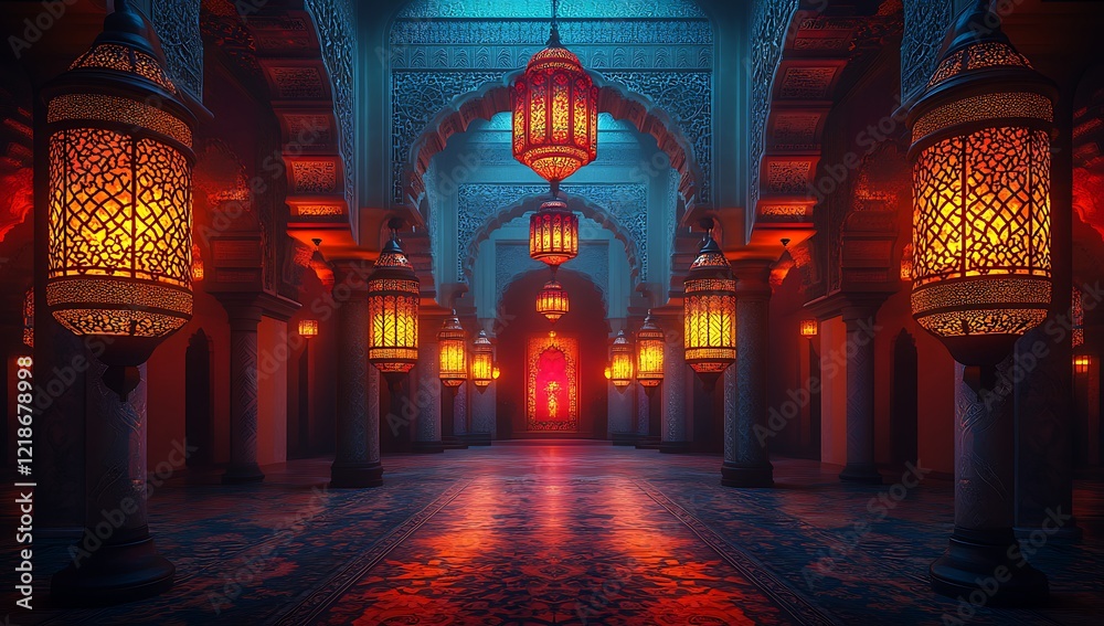Obraz premium Illuminated Corridor with Ornate Lanterns and a Glowing Archway in a Traditional Architectural Setting