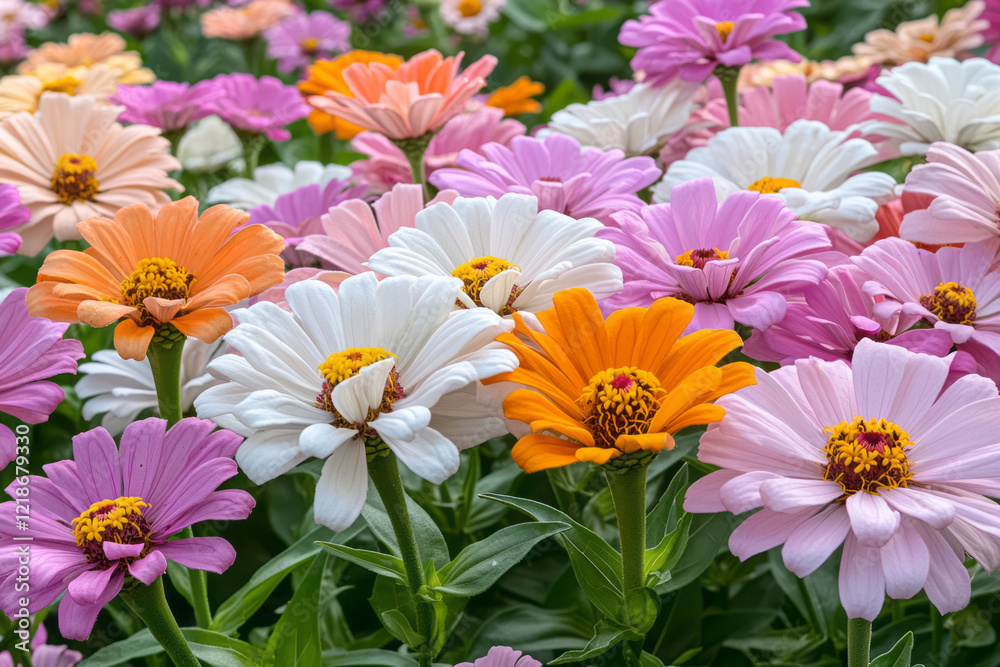 Fototapeta premium A garden of colorful zinnias attracting bees and butterflies,