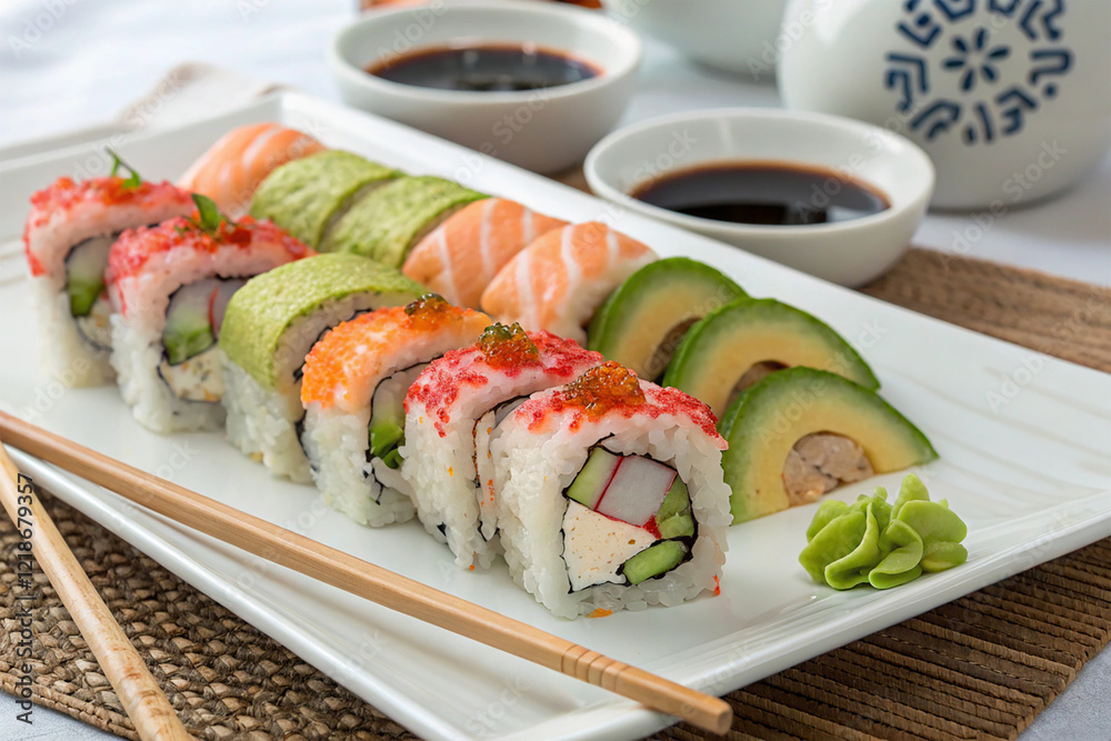 A plate of sushi rolls with chopsticks A plate of sushi rolls with chopsticks