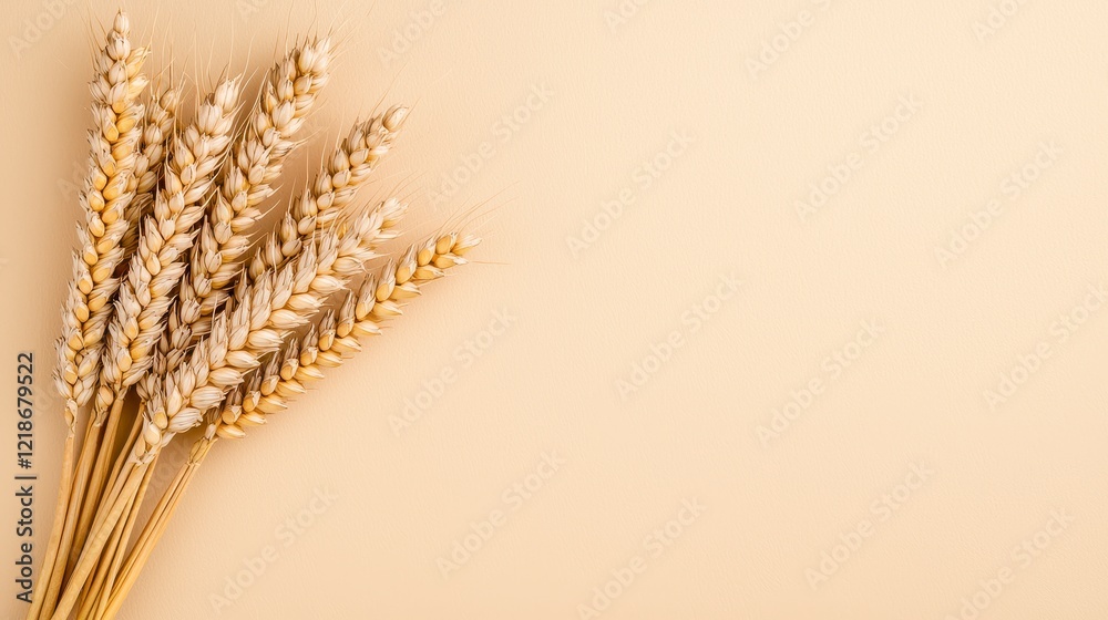Golden Wheat Stalks on Beige Background Rustic Harvest Image