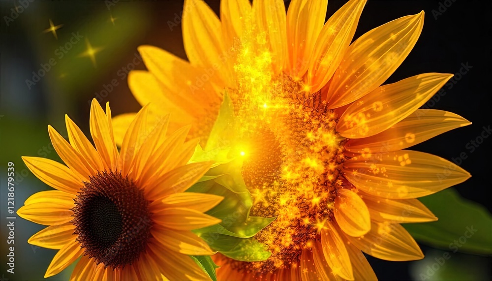 Obraz premium Two Sunflowers Radiating Golden Light and Sparkle
