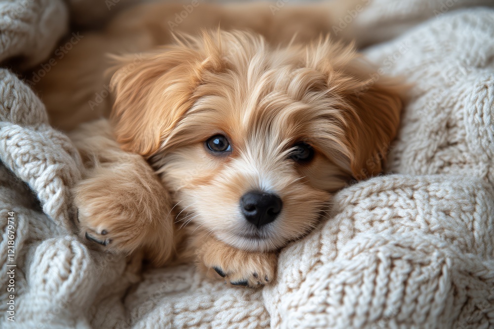 A cute puppy snuggles comfortably in a cozy blanket, embodying warmth and comfort. A cute puppy snuggles comfortably in a cozy blanket, embodying warmth and comfort.