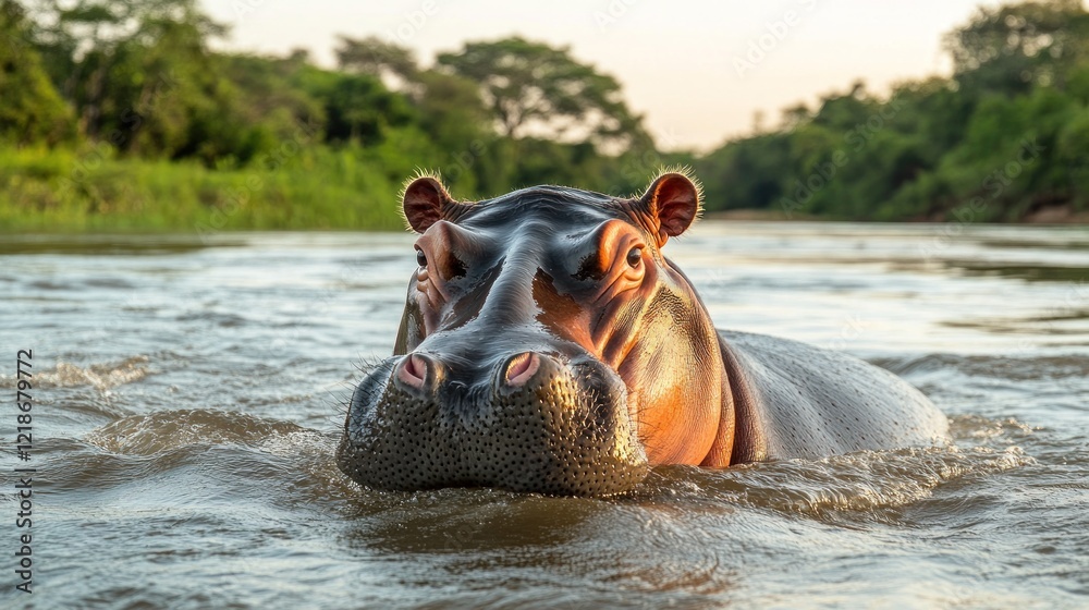 Hippopotamus swims in river, African savanna background.  Possible use wildlife, nature