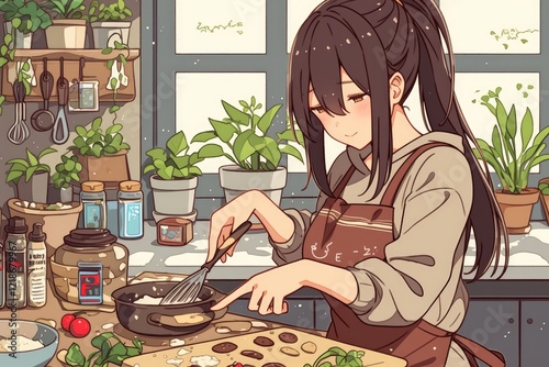 Anime Girl Baking Cookies in a Cozy Kitchen photo