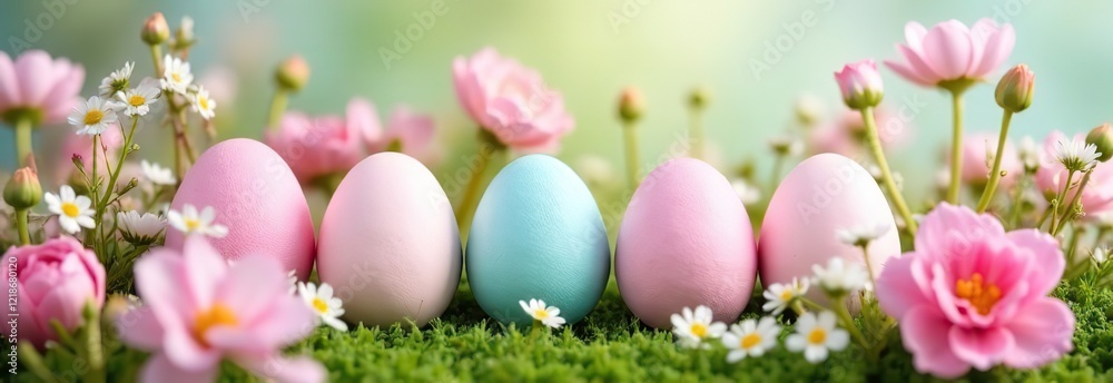 Soft pastel-colored Easter eggs nestled among a variety of delicate flowers, creating a serene and elegant spring scene