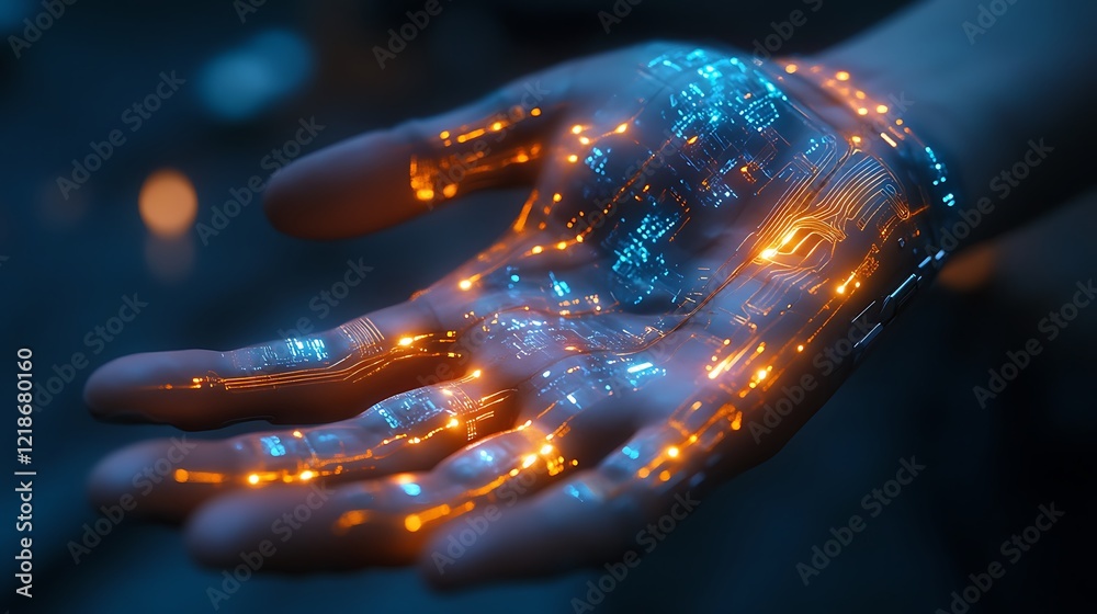 A futuristic hand with glowing circuitry, symbolizing advanced technology and innovation. A futuristic hand with glowing circuitry, symbolizing advanced technology and innovation.