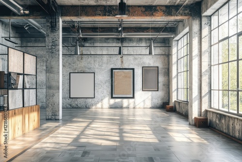 Wallpaper Mural Industrial loft gallery space with large windows, sunlight streaming in, showcasing blank frames; perfect for interior design Torontodigital.ca