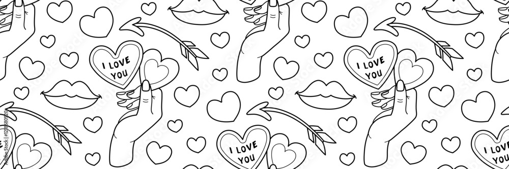 Fototapeta premium Valentine's Day doodle pattern. Hand holds valentine heart with love message. Cupid's arrow, kiss and hearts. February 14 celebration of love. Cute romantic Background. Vector outline illustration