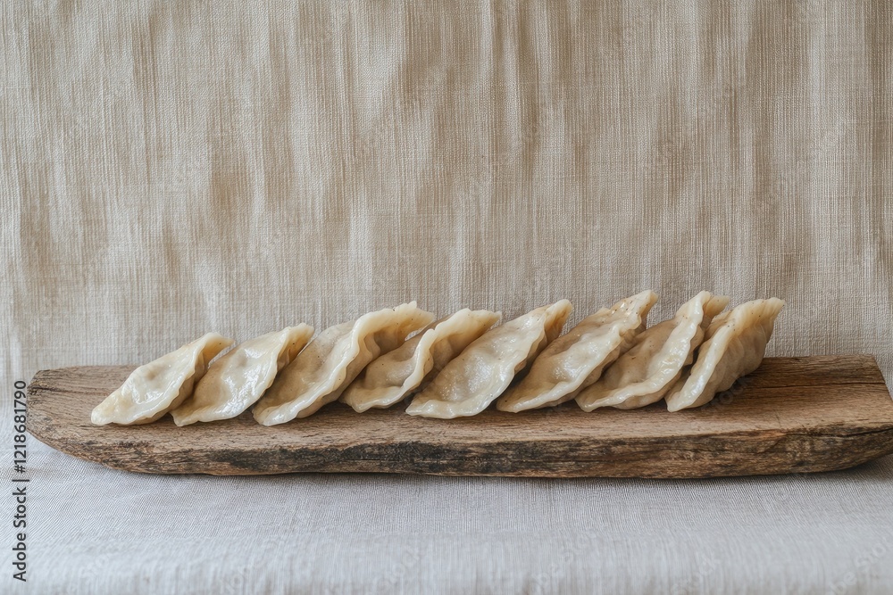Freshly made dumplings arranged on a wooden board with soft fabric background in a cozy kitchen setting