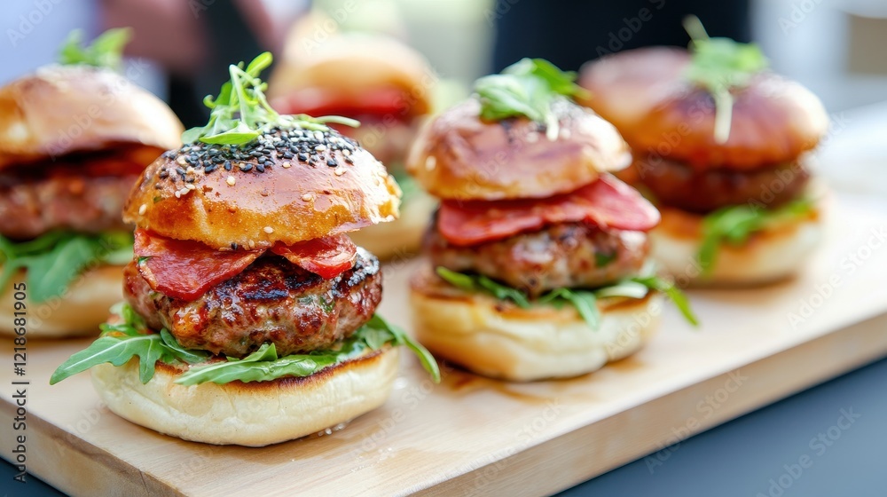 Gourmet Mini Burgers Topped With Arugula and Tomatoes Gourmet Mini Burgers Topped With Arugula and Tomatoes