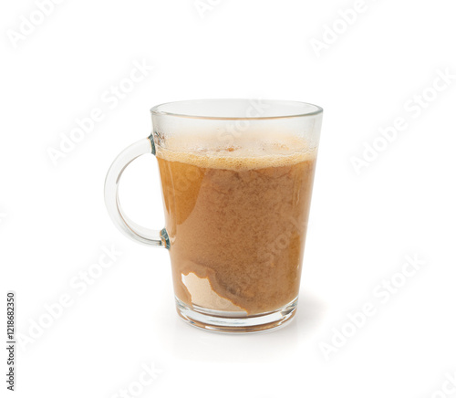 Maca powder drink isolated, dry Peruvian ginseng beverage, powder in water, ground ayak willku tea photo