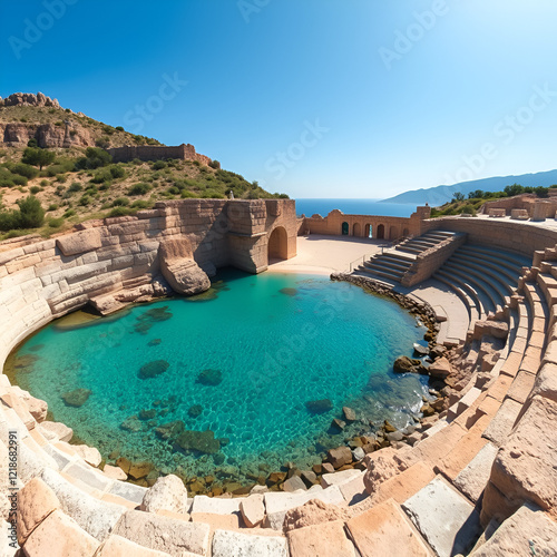 Panorama of the L- shaped stoa and a beautiful small beach beneath at archaeological site of Heraion, sanctuary of goddess Hera, in Perachora, Loutraki, Greece photo