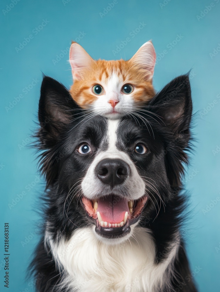 Adorable Cat Riding Border Collie Dog Funny Pet Photo Adorable Cat Riding Border Collie Dog Funny Pet Photo