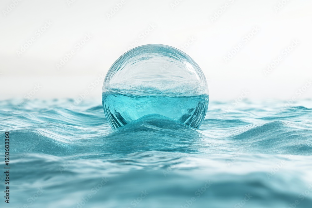 A transparent sphere floats above rippling turquoise water, reflecting light in a serene and tranquil environment. A transparent sphere floats above rippling turquoise water, reflecting light in a serene and tranquil environment.