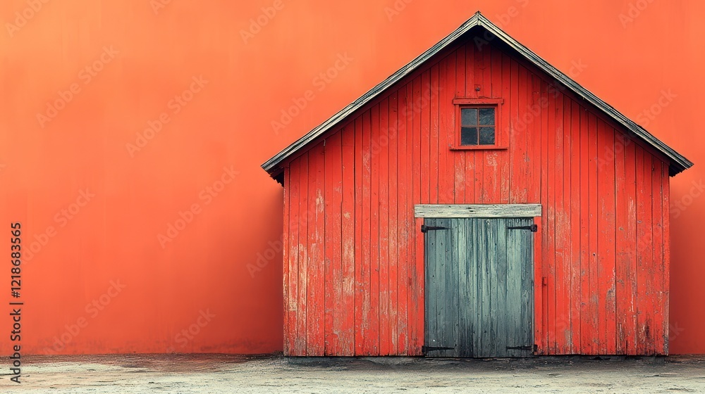 Rustic Red Barn Against Vibrant Orange Wall: A Study in Contrast Rustic Red Barn Against Vibrant Orange Wall: A Study in Contrast