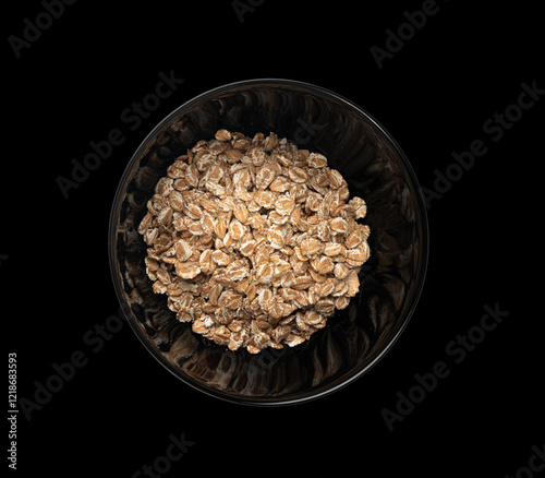 Spelt flakes isolated, dry raw rolled flat oat grains, wheat, oatmeal or bran, barley rye cereals