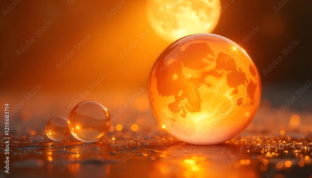 Three golden orbs on a reflective surface with a bokeh background and warm light Three golden orbs on a reflective surface with a bokeh background and warm light
