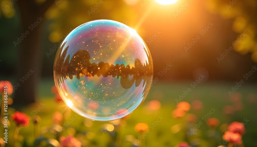 Sunlit soap bubble with a reflection of a tree and a field of flowers Sunlit soap bubble with a reflection of a tree and a field of flowers