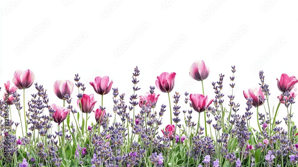 Fototapeta premium Vibrant Field of Purple Flowers Bathed in Soft Natural Light Against a Pure White Background Creating a Tranquil and Refreshing Atmosphere Invoking Feelings of Peace and Serenity
