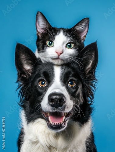 Adorable Cat Riding Border Collie Dog Funny Pet Photo photo