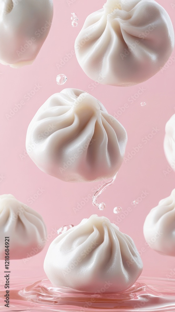 Floating dumplings create a whimsical culinary display against a pink backdrop, showcasing deliciousness in a playful manner Floating dumplings create a whimsical culinary display against a pink backdrop, showcasing deliciousness in a playful manner