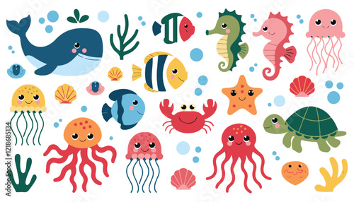 Vector set of marine life. Fish and wild marine animals isolated on white background. Sea life. Cute whale, squid, octopus, stingray, jellyfish,fish, crab, seahorse. Algae and seashells. Cartoon