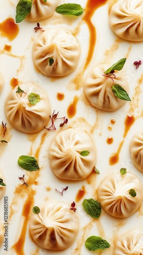 Wallpaper Mural Colorful arrangement of dumplings with vibrant sauces and fresh greens creating a playful culinary display Torontodigital.ca