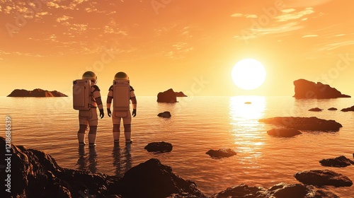 Two Astronauts Observe Sunset Over Alien Ocean