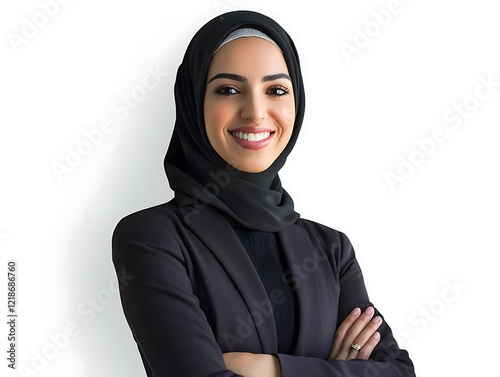 A confident female entrepreneur from the Middle East, wearing a business suit and smiling while standing against a white background.