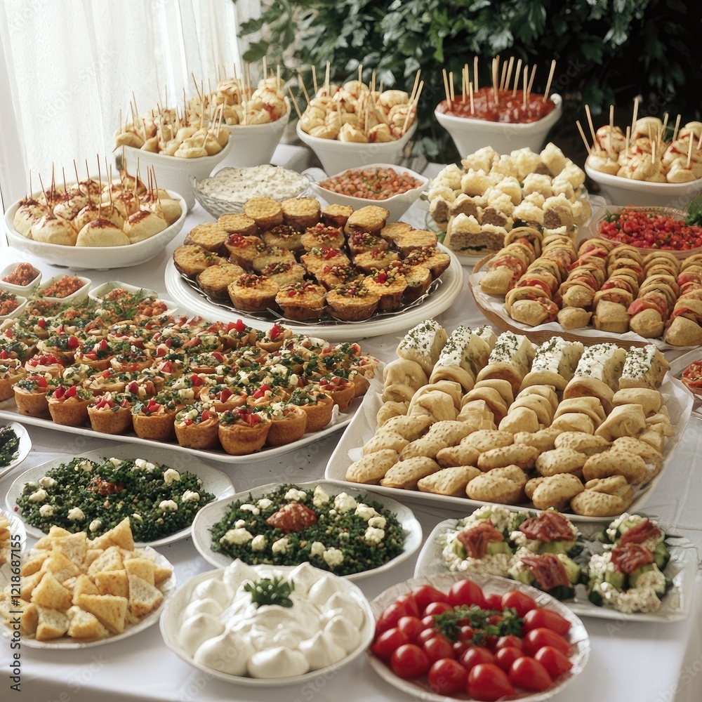 Abundant buffet table, various appetizers, indoor party, catering event Abundant buffet table, various appetizers, indoor party, catering event
