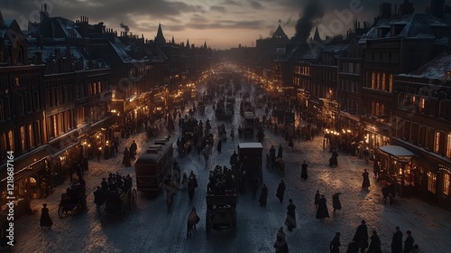 A Snowy Victorian Era Street Scene at Dusk