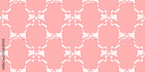 Seamless checkered pattern with ribbon bows. Cute coquette style wallpaper, vintage elegant hand drawn white ribbons on pink background. Decoration for wedding, Valentine's day, print, gift, packaging