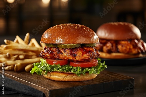 Delicious Bbq Chicken Burger with Fries photo