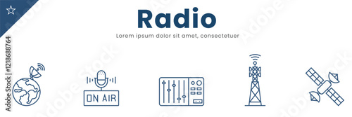 Radio line Icon Set . media, on air, tower. Vector Illustration 