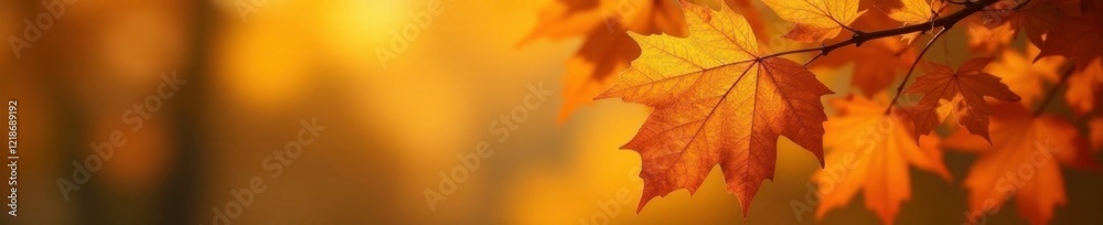 Fototapeta premium Golden hue of autumn leaves on oak branch details, orange, nature, closeup