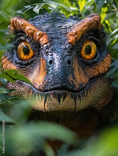 Raptor peering through foliage, jungle background, wildlife exhibit