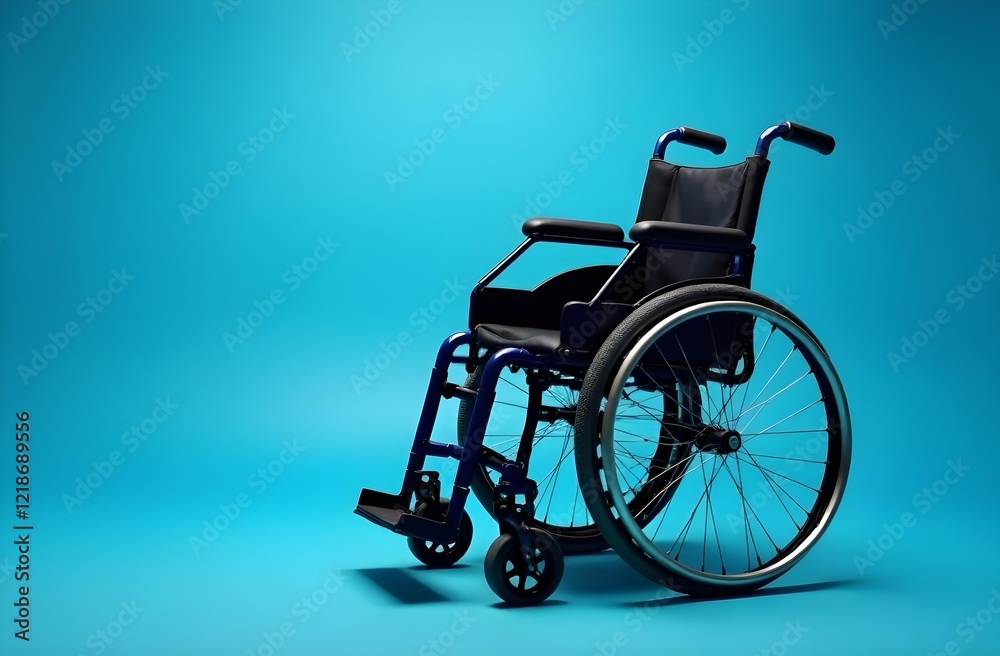 Fototapeta premium Modern wheelchair on blue background with copy space . Disabled, mobility problem