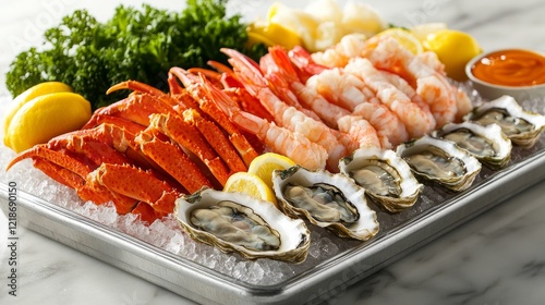 A large seafood platter featuring fresh oysters, crab legs, shrimp, and lemon wedges arranged on crushed ice, served on a silver tray with a side of cocktail sauce. photo