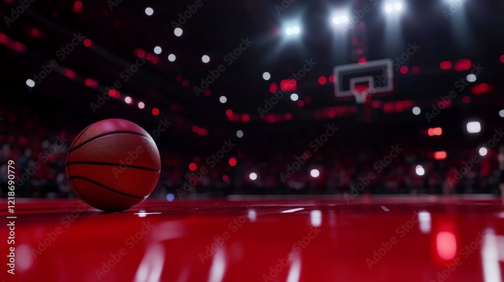 Basketball on Red Court Low-Angle, Bokeh, Game Night, Stadium, Sport, 3D Render. Basketball, Sports Photography Basketball on Red Court Low-Angle, Bokeh, Game Night, Stadium, Sport, 3D Render. Basketball, Sports Photography