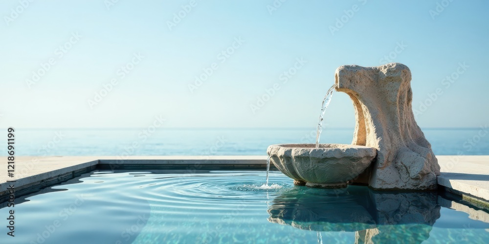 Fototapeta premium Serene stone fountain cascading water into a tranquil pool overlooking a calm ocean, a picture of peaceful serenity.