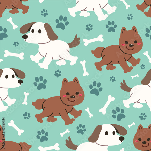 Seamless pattern of a cute dog, dog footprints and bone on a pastel green background. Perfect for gift wrapping, greeting cards, and decorations for special occasions.