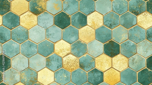 Mosaic tiles  Japanese washi concept. A vibrant hexagonal tile pattern featuring shades of blue and green with touches of gold, ideal for decorative or architectural applications.