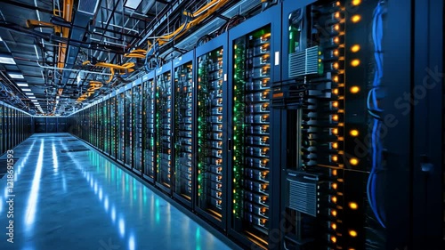 A data center with rows of servers and glowing lights, showcasing advanced technology and infrastructure.