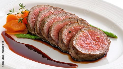 Gourmet beef tenderloin dish fine dining restaurant food photography elegant setting close-up culinary art photo