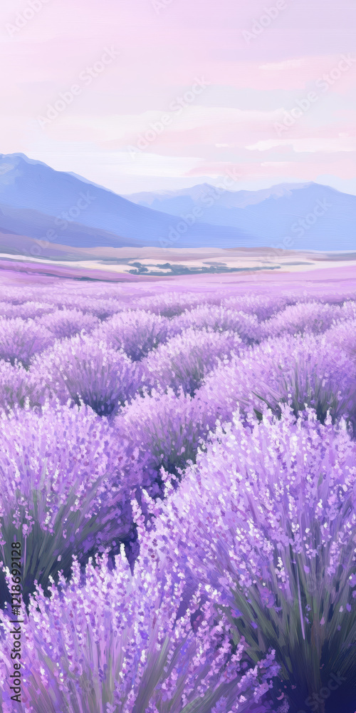 Obraz premium Serene lavender fields at sunset with mountains in the background, tranquil and soothing landscape